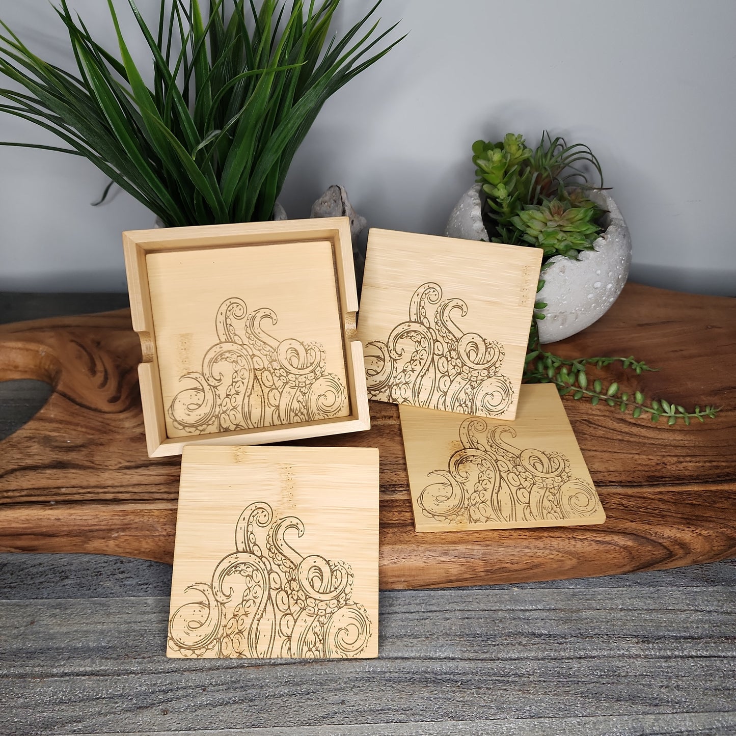 Wood Coasters, bamboo set of 4 in caddy
