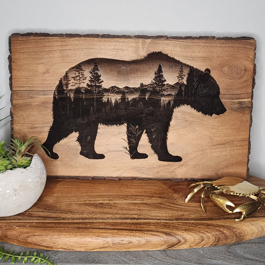 Bear with pine trees, bark edge