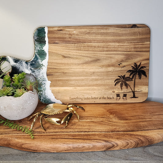 Everything tastes better at the beach serving board with wave design on handle