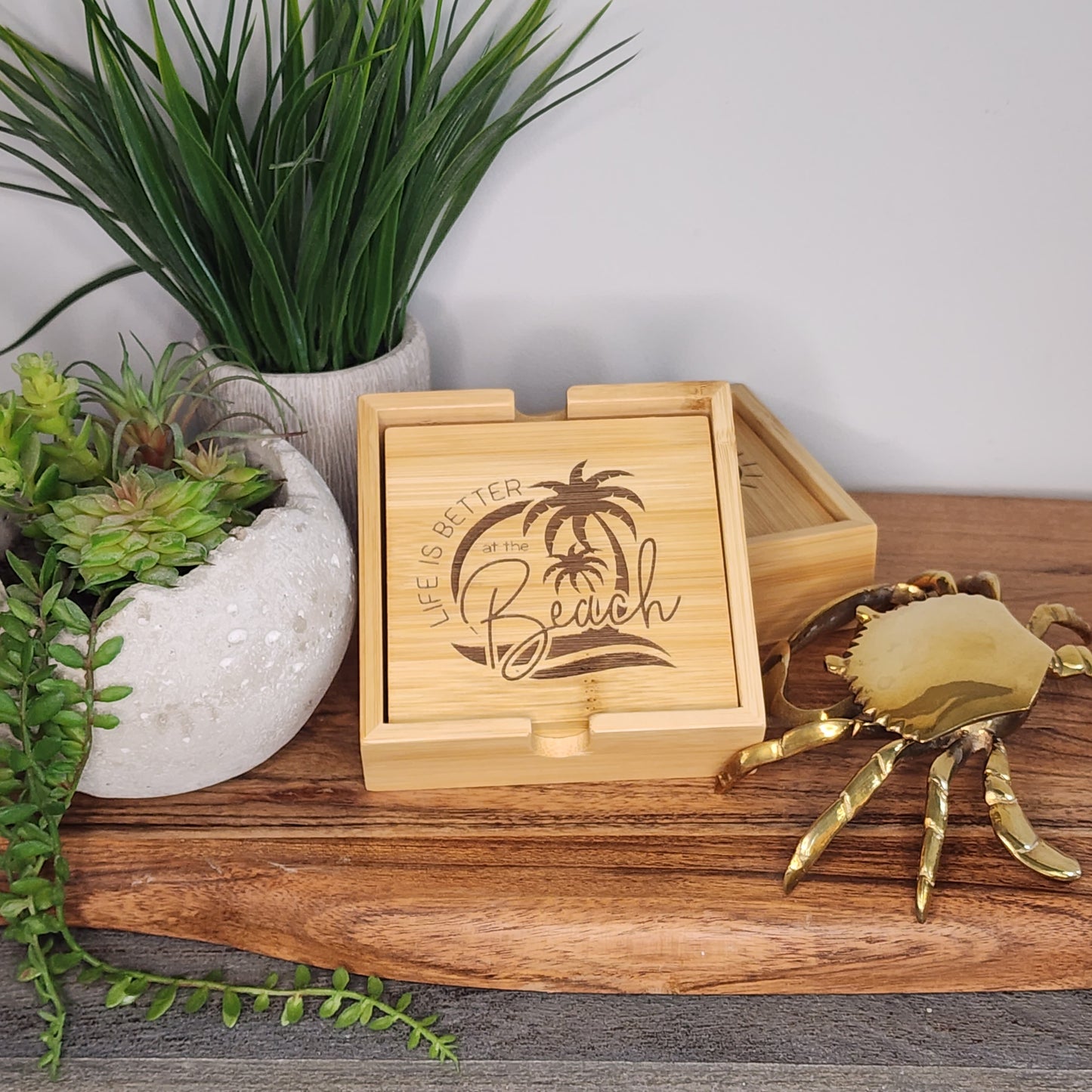 Wood Coasters, bamboo set of 4 in caddy