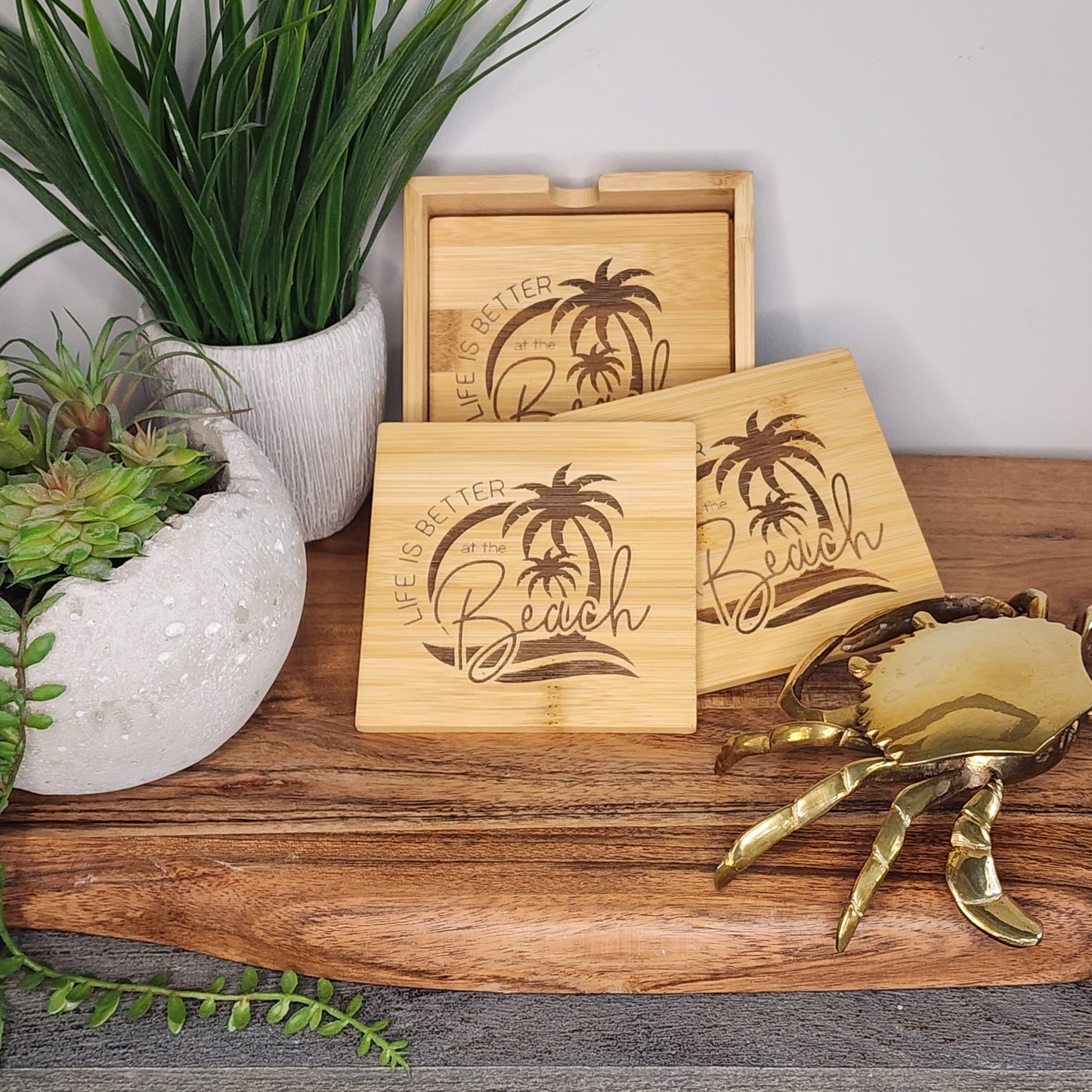 Wood Coasters, bamboo set of 4 in caddy