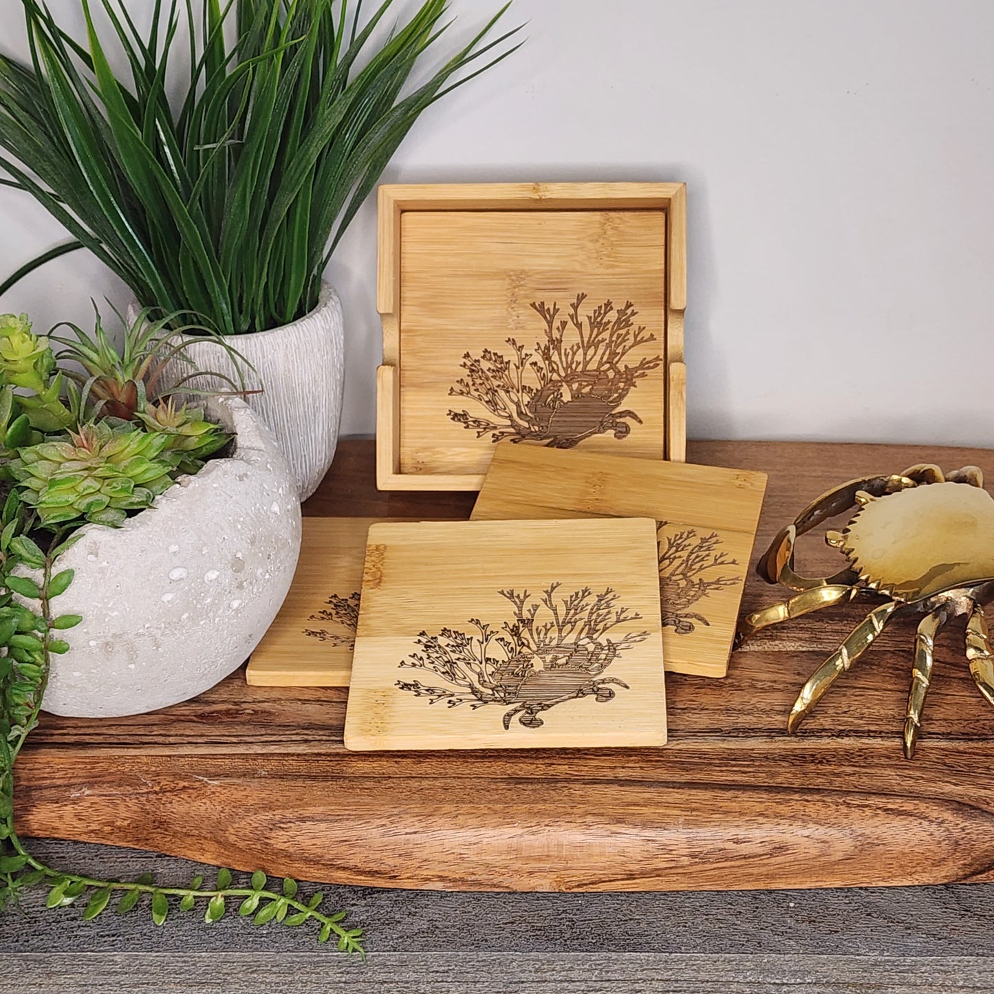 Wood Coasters, bamboo set of 4 in caddy