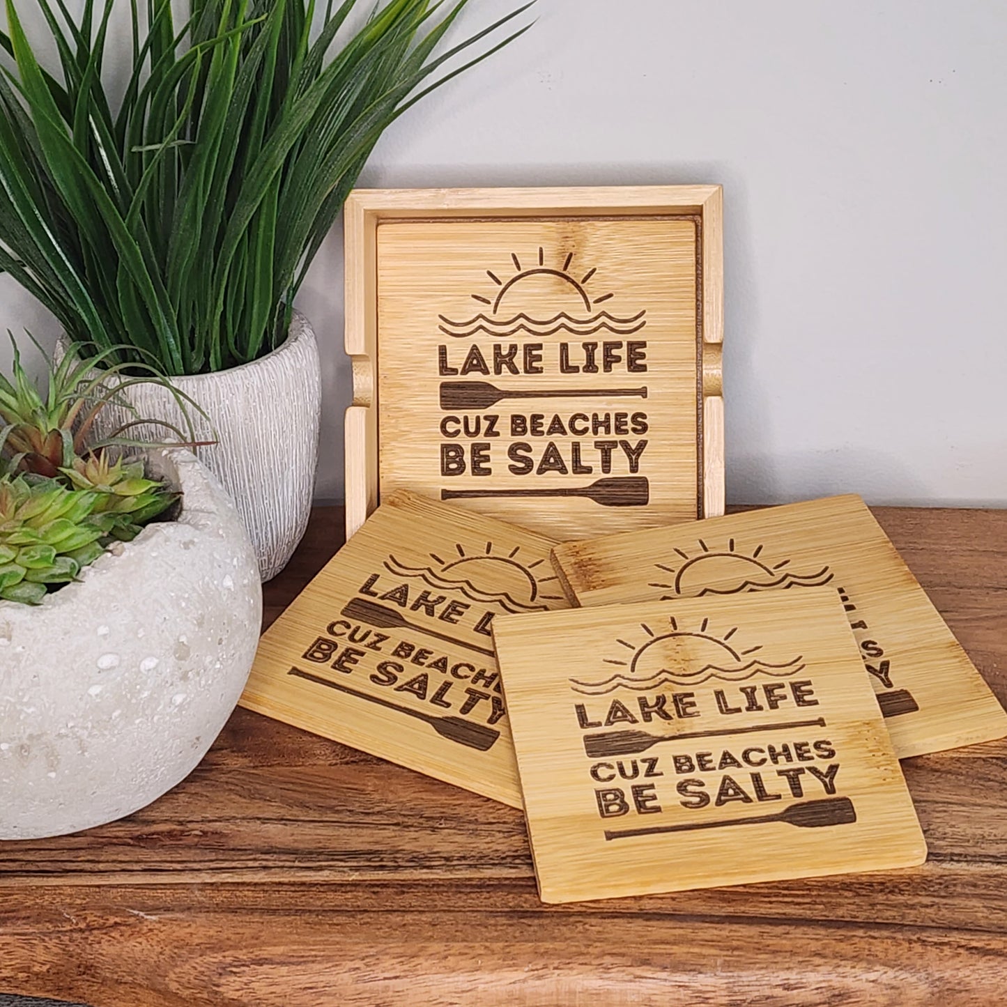 Wood Coasters, bamboo set of 4 in caddy