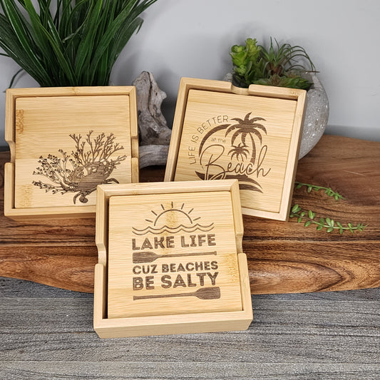 Wood Coasters, bamboo set of 4 in caddy