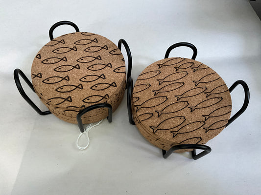 Cork coasters in a caddy, set of 8