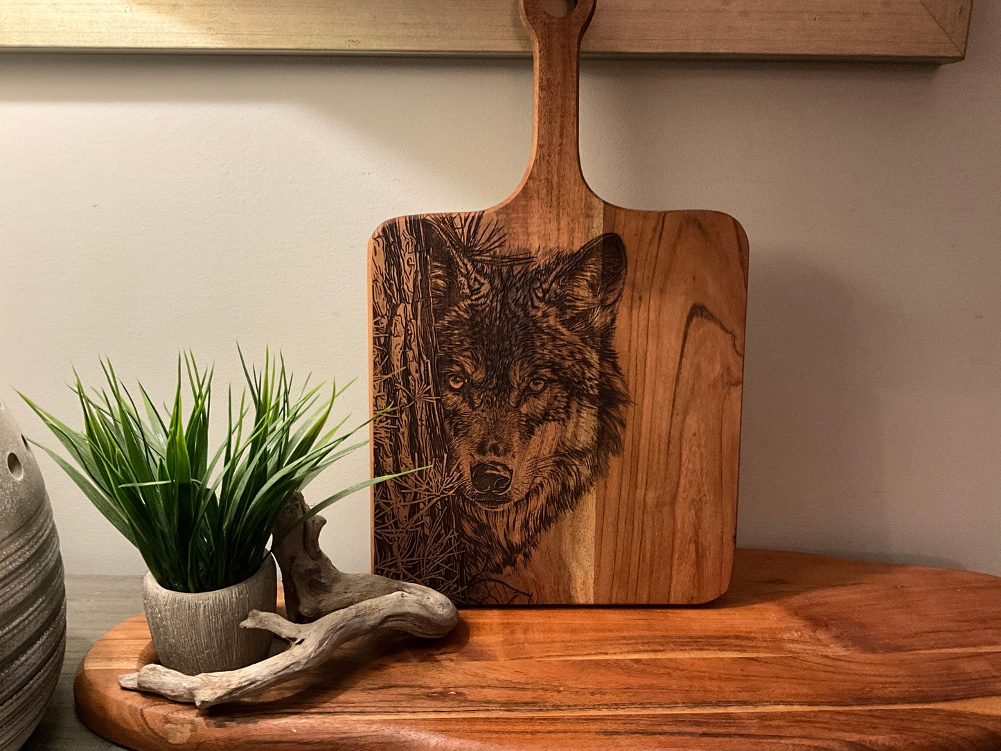 Wolf peeking from tree