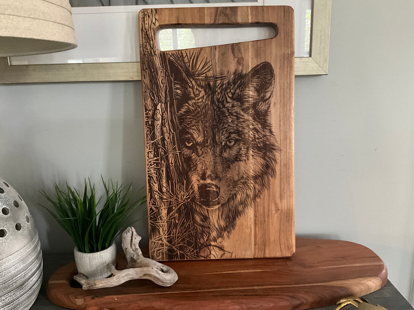 Wolf peeking from tree